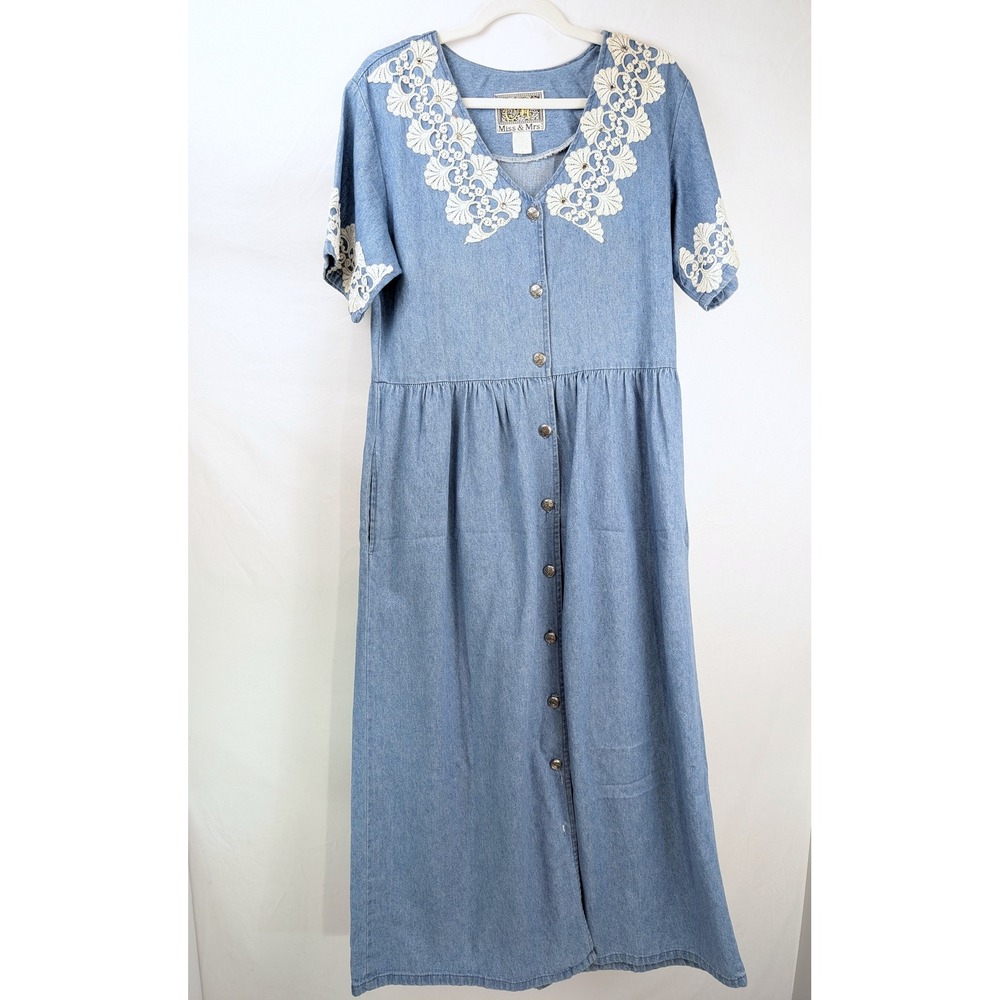 Vtg 90s Crochet Lace Denim Button Maxi Dress S Blue Pockets Cottagecore Prairie